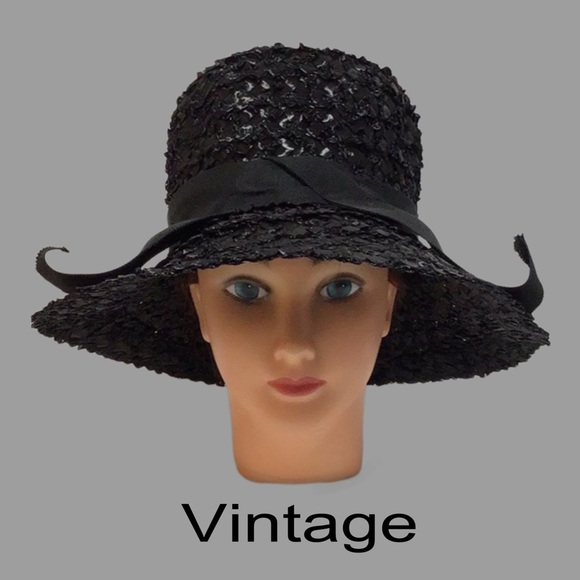 Vintage Black‎ Straw Boater Style Hat Union Made in USA 1940's